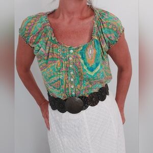 Ralph Lauren Green and Orange Ruffled Cap Sleeve Blouse Size Large